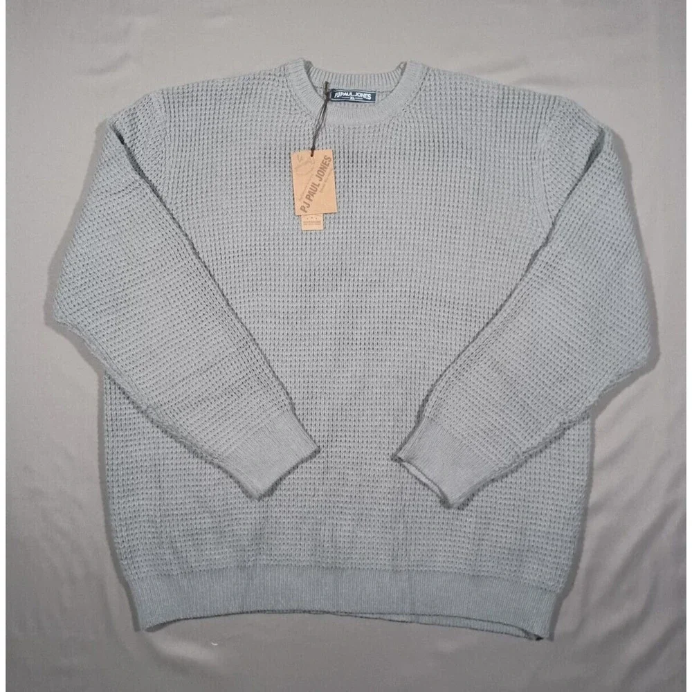 PJ PAUL JONES Sweater Mens XL Gray Crewneck Pullover Waffle Textured Long Sleeve